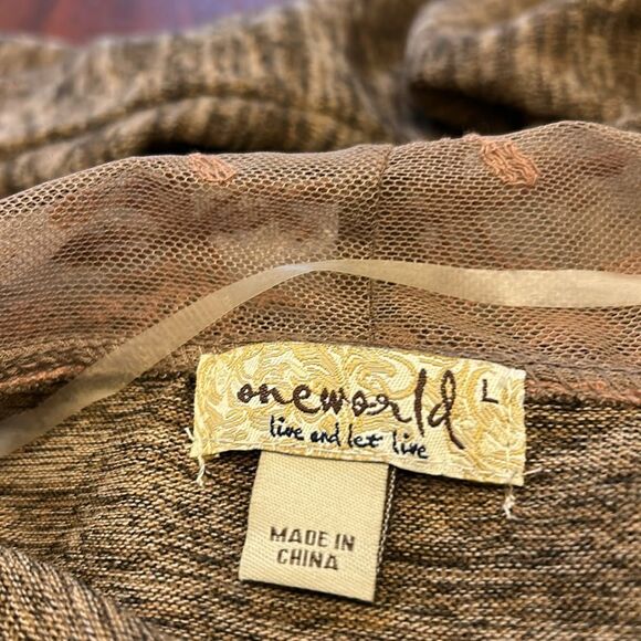 One World brown long floral mesh fringed open cardigan Size L EUC - Picture 8 of 10